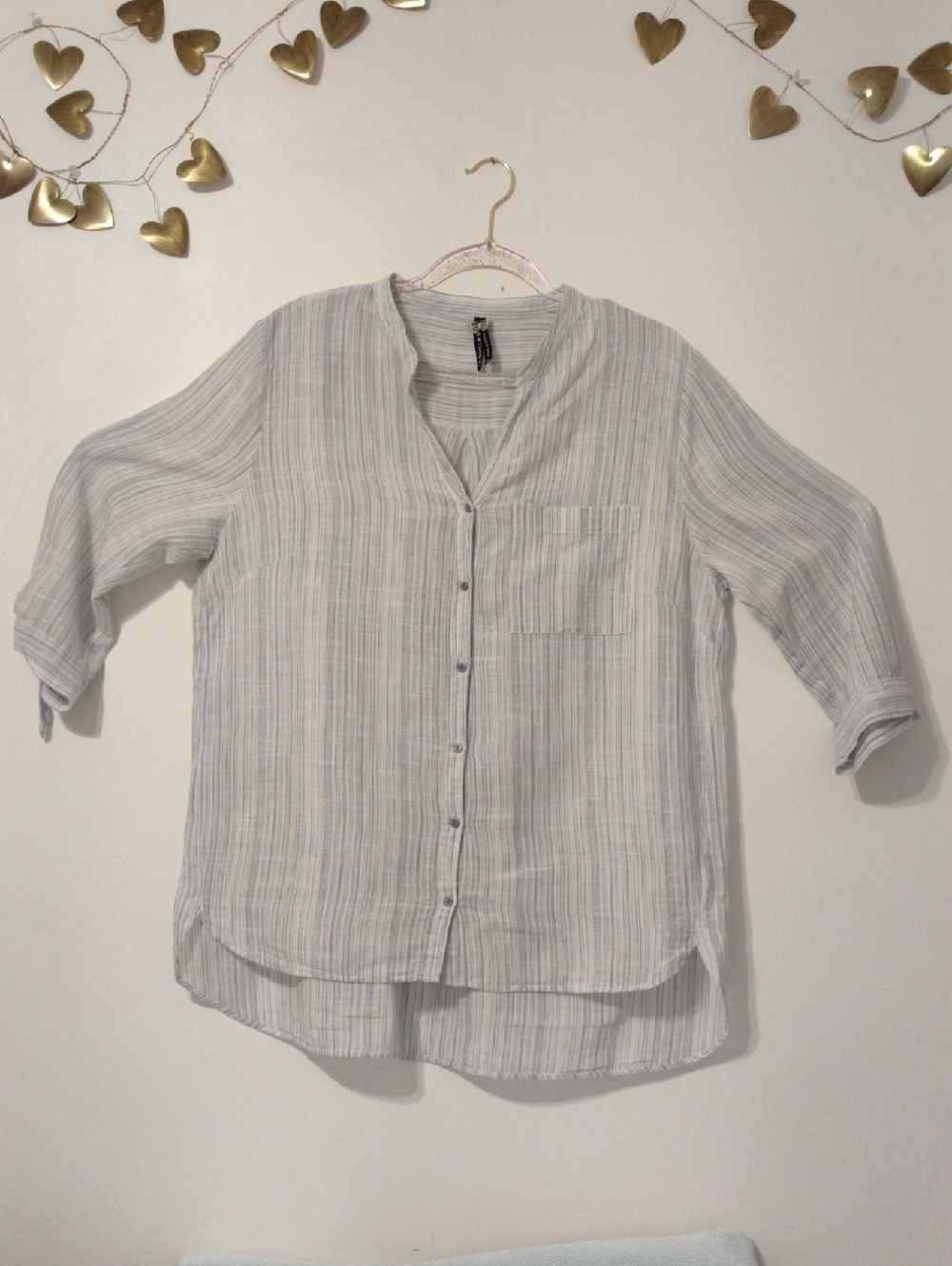 Light Gray Striped Button-Up Women's Blouse — Relaxed Fit